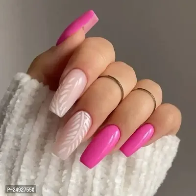 The NailzStation press on fake designer artificial extension nails (12 nails) with glue manicure kit for women (Pink White Leaves)