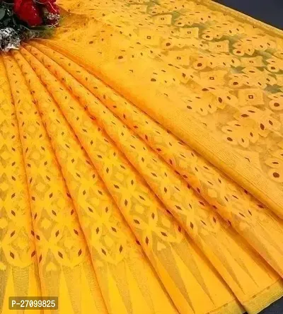 Stylish Cotton Blend Yellow Woven Design Saree with Blouse piece-thumb0