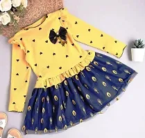 Gunatit Girls 95% Cotton,5% Polyester Full Sleeves Heart Print with Applique Dress in Yellow Color-thumb1