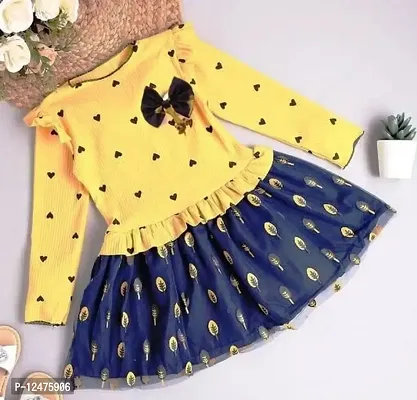 Gunatit Girls 95% Cotton,5% Polyester Full Sleeves Heart Print with Applique Dress in Yellow Color-thumb2