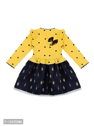 Gunatit Girls 95% Cotton,5% Polyester Full Sleeves Heart Print with Applique Dress in Yellow Color
