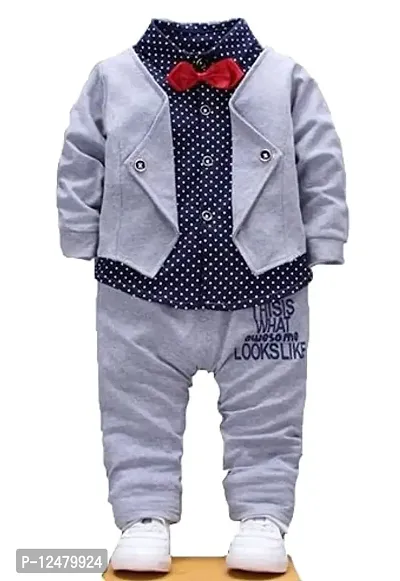 Gunatit Boys Cotton Blazer Style Formal Shirt and Pant Set with Bow in Navy Blue,Red,Grey Colour-thumb0