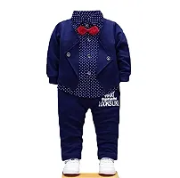 Gunatit Boys Cotton Blazer Style Formal Shirt and Pant Set with Bow in Navy Blue Colour-thumb2