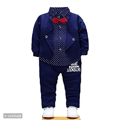 Gunatit Boys Cotton Blazer Style Formal Shirt and Pant Set with Bow in Navy Blue Colour-thumb3