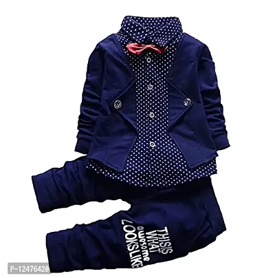 Gunatit Boys Cotton Blazer Style Formal Shirt and Pant Set with Bow in Navy Blue Colour