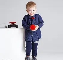 Gunatit Boys Cotton Blazer Style Formal Shirt and Pant Set with Bow in Navy Blue Colour-thumb4