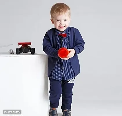 Gunatit Boys Cotton Blazer Style Formal Shirt and Pant Set with Bow in Navy Blue Colour-thumb5