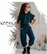 Elegant Green Cotton Blend Solid Casual Hooded Top And Jogger For Girls-thumb2