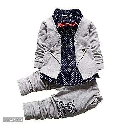 Gunatit Boys Cotton Blazer Style Formal Shirt and Pant Set with Bow in Navy Blue,Red,Grey Colour-thumb2