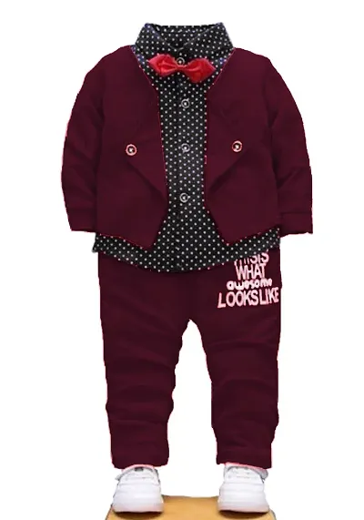 Gunatit Boys Blazer Style Formal Shirt and Pant Set with Bow in Blue,Red,Grey Colour