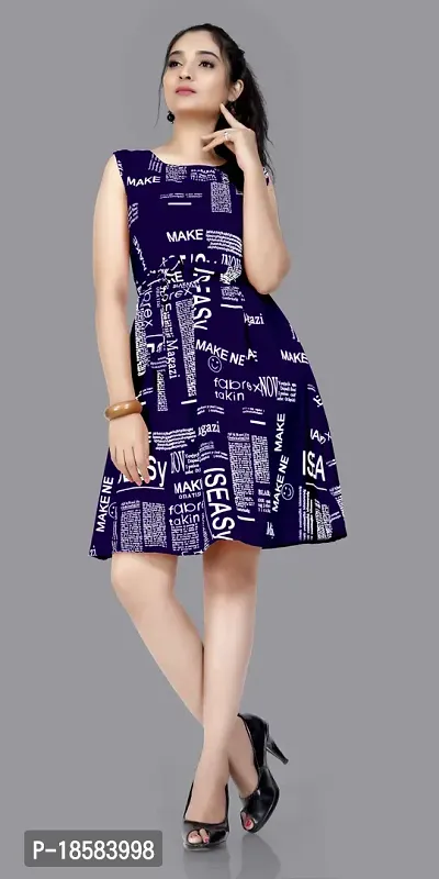 Stylish Blue Crepe Printed A-Line Dress For Women
