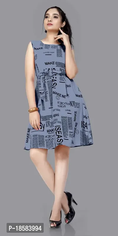 Stylish Grey Crepe Printed A-Line Dress For Women-thumb0