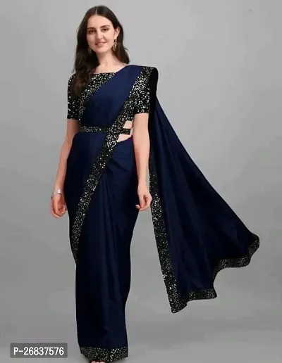 Stylish Navy Blue Lycra Saree with Blouse piece For Women-thumb0