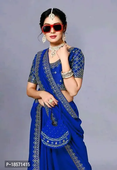 Stylish Art Silk Navy Blue Embroidered Saree with Blouse Piece