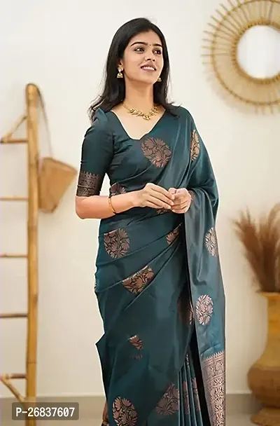 Stylish Teal Art Silk Saree with Blouse piece For Women-thumb0