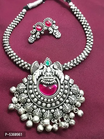Trendy Alloy Silver Kolhapuri Thushi Necklace and Earrings Set-thumb0