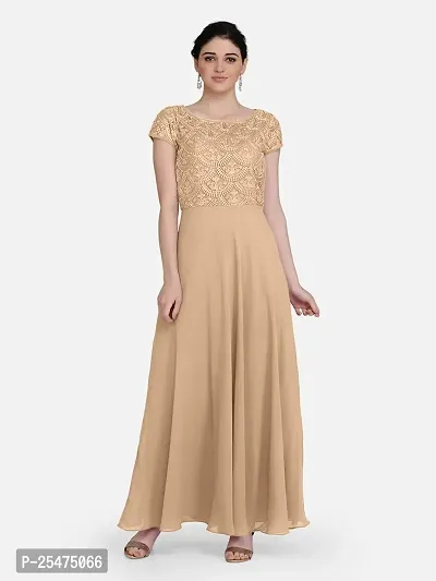 Stylish Beige Georgette Stitched Gown For Women