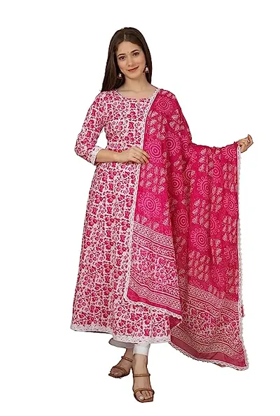 Stylish Sanganeri Printer Anarkali Gown Kurta Pant And Dupatta Set