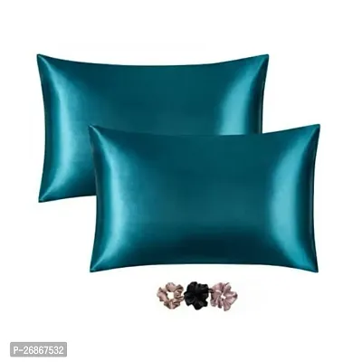 Stylish Satin Solid Pillow Cover Pack Of 2 With 3 Pieces Of Scrunchies For Women-thumb0