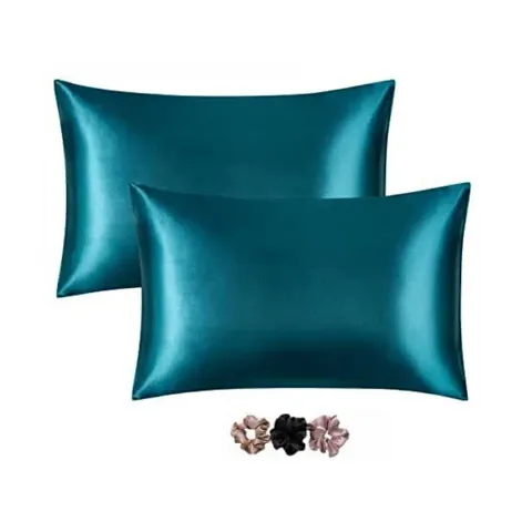 Stylish Satin Solid Pillow Cover Pack Of 2 With 3 Pieces Of Scrunchies For Women