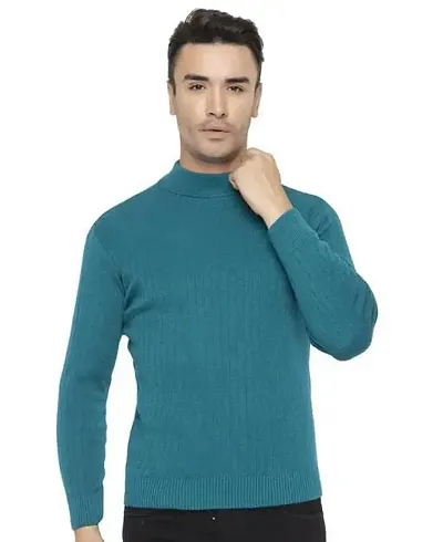 Stylish Blue Wool Self Pattern Long Sleeves Sweater For Men