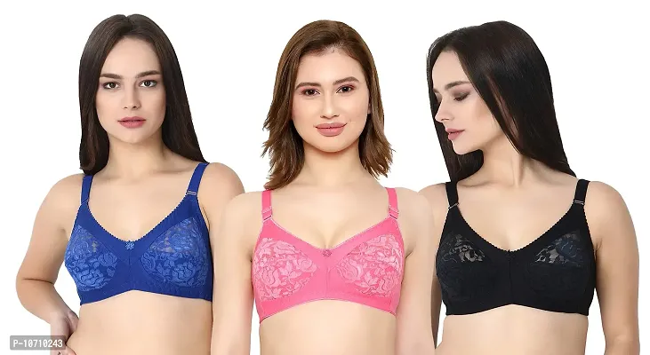 KYODO New Women's Net with Hoisery Wirefree Stylish Bra for Girls (40, Blue Pink Black)-thumb0