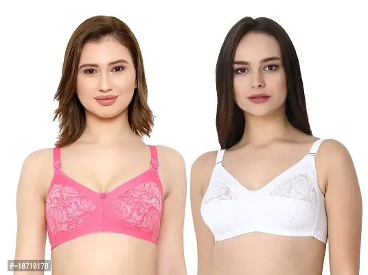 KYODO New Women's Net with Hoisery Wirefree Stylish Bra for Girls (32, Pink White)