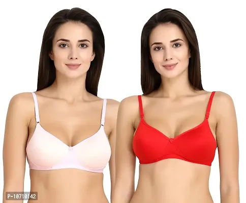 KYODO Soft Padded Non Wired Cotton Bra for Women's Pack of 2(Light Pink&Red,40B)