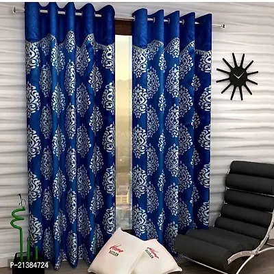 Stylish Blue Polyester Printed (Size 5 Feet , Set Of 2 )Window Curtains