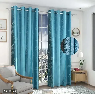 Stylish Aqua Polyester Embroidered (Size 5 Feet , Set Of 2 )Window Curtains