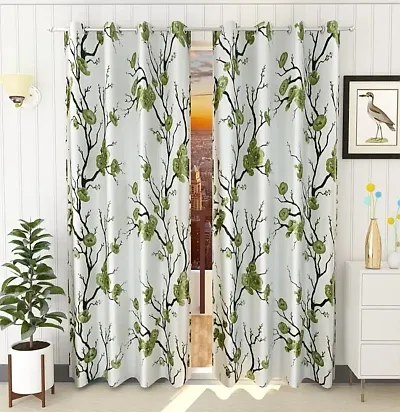 Home Edge Green Flower Long Crush Long Door 9ft Designer Polyester Curtain Pack of 2