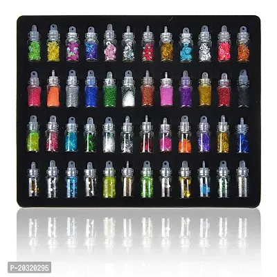 48 Pcs Glass Bottles 3D Nail Art Set. Glitter Sequins Rhinestones Beads Assorted Colours