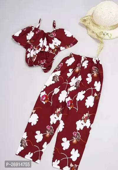 Fabulous Maroon Crepe Printed Top With Bottom For Girls