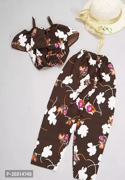 Fabulous Brown Crepe Printed Top With Bottom For Girls-thumb0