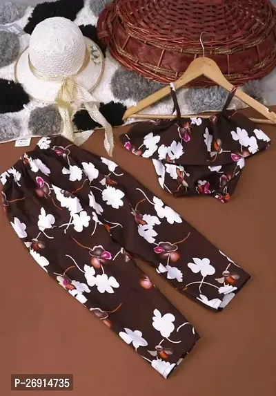 Fabulous Brown Crepe Printed Top With Bottom For Girls