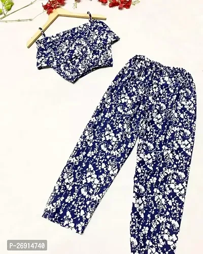 Fabulous Navy Blue Crepe Printed Top With Bottom For Girls