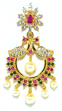 Deccani Handicrafts Fashion Jewelry- Gold Plated Ear Rings with CZ Stones- Twin Peacocks in Union with Pearls-thumb2