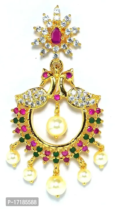 Deccani Handicrafts Fashion Jewelry- Gold Plated Ear Rings with CZ Stones- Twin Peacocks in Union with Pearls-thumb3