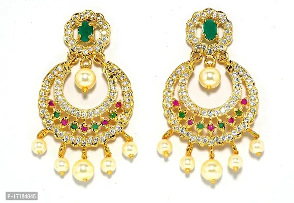 Deccani Handicrafts Fashion Jewelry- Gold Plated Ear Rings with CZ Stones- Round Moon Jhumka-thumb0