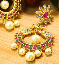 Deccani Handicrafts Fashion Jewelry- Gold Plated Ear Rings with CZ Stones- Twin Peacocks in Union with Pearls-thumb3