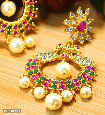 Deccani Handicrafts Fashion Jewelry- Gold Plated Ear Rings with CZ Stones- Twin Peacocks in Union with Pearls-thumb4