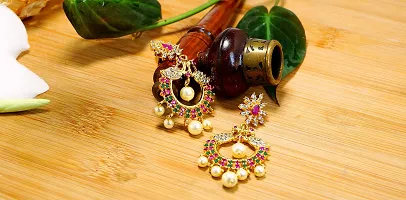 Deccani Handicrafts Fashion Jewelry- Gold Plated Ear Rings with CZ Stones- Twin Peacocks in Union with Pearls-thumb1