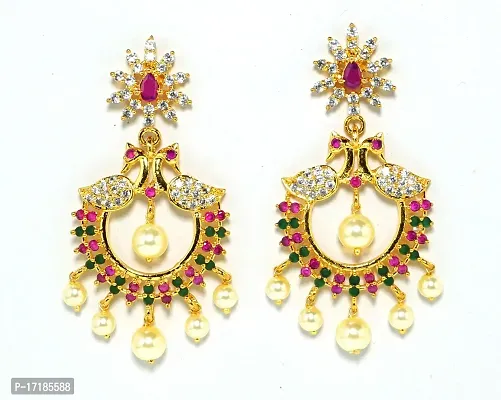 Deccani Handicrafts Fashion Jewelry- Gold Plated Ear Rings with CZ Stones- Twin Peacocks in Union with Pearls