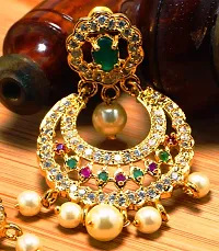 Deccani Handicrafts Fashion Jewelry- Gold Plated Ear Rings with CZ Stones- Round Moon Jhumka-thumb2