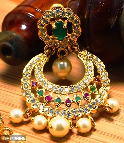 Deccani Handicrafts Fashion Jewelry- Gold Plated Ear Rings with CZ Stones- Round Moon Jhumka-thumb3