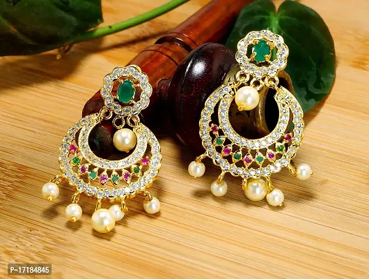 Deccani Handicrafts Fashion Jewelry- Gold Plated Ear Rings with CZ Stones- Round Moon Jhumka-thumb2