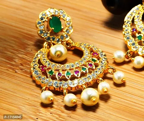 Deccani Handicrafts Fashion Jewelry- Gold Plated Ear Rings with CZ Stones- Round Moon Jhumka-thumb4