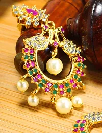 Deccani Handicrafts Fashion Jewelry- Gold Plated Ear Rings with CZ Stones- Twin Peacocks in Union with Pearls-thumb4