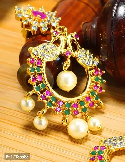 Deccani Handicrafts Fashion Jewelry- Gold Plated Ear Rings with CZ Stones- Twin Peacocks in Union with Pearls-thumb5