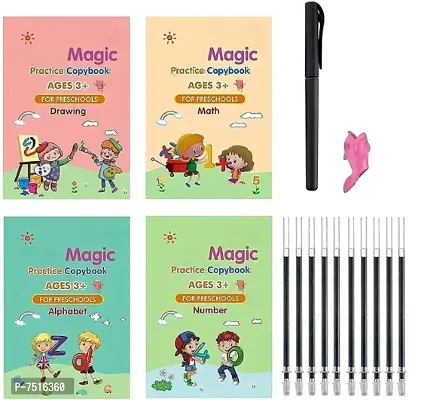 Magic Book for Kids (4 Books 1 Pen 1 Hand Grip 10 Refill) Calligraphy Practice Copy Self Deleting Text book Practice Hand Writing and Pen Using Skills Reusable Writing Text Book For Kids age 3+-thumb0
